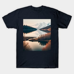 Nature Scandinavian Art Snowy Mountain Burgundy Autumn Lake T-Shirt